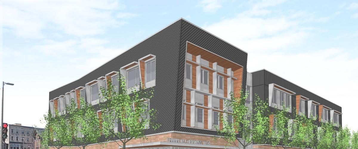 Rendering of the new building from the corner of Harrison Ave. and Melnea Cass Blvd.