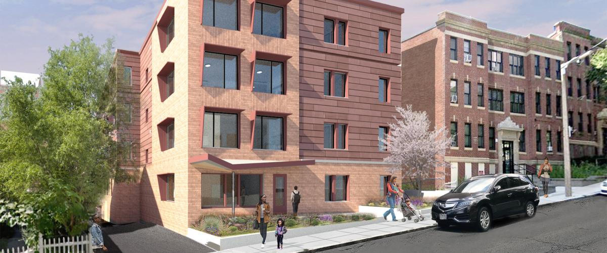 Exterior rendering of a 4 story building with a red and tan brick facade featuring sunshades.