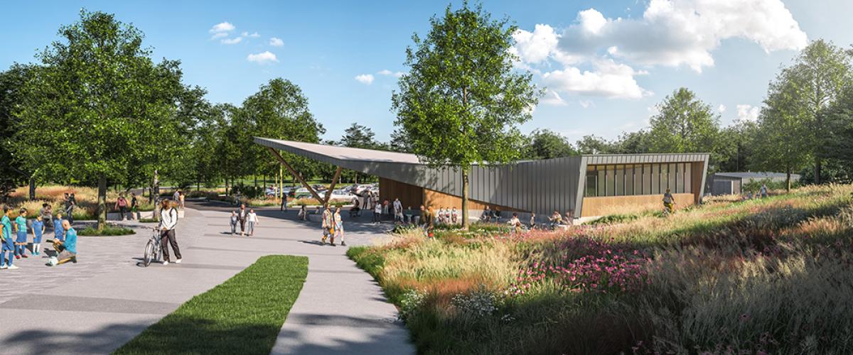 Rendering of the back exterior side of the Danehy Park Gateway Pavilion