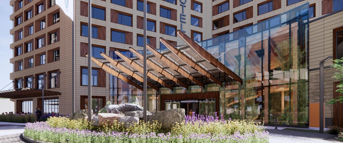 Digital rendering of the entrance to The Coolidge Hotel at Brookline with glass and wood canopy covering the entrance