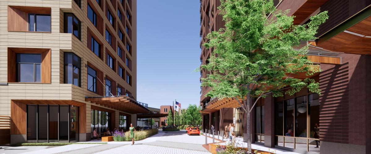 Street View of the Coolidge develoment with the hotel on the left and The Coolidge Residences at Brookline on the right.