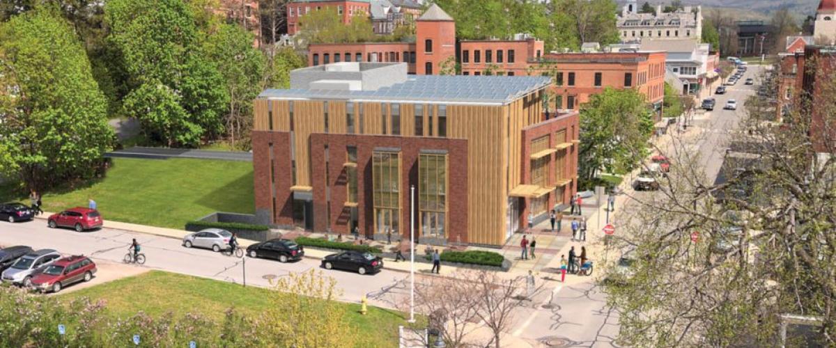 Aerial view of the Williams Bookstore and the surrounding buildings