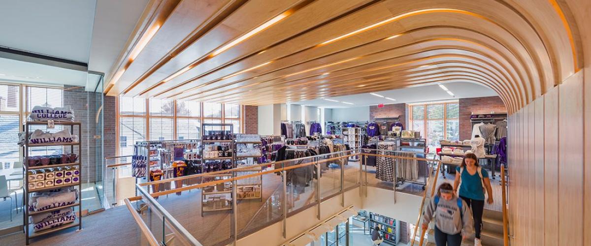 Photograph of the Williams bookstore from the second floor looking down the stairs to the first floor