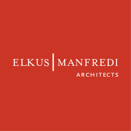 Red background with white font reading "Elkus Manfredi Architects"