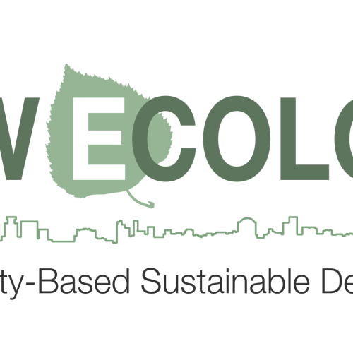 New Ecology, Inc. logo- says New Ecology: Community-Based Sustainable Development and includes an image of a green lead and green skyline outline