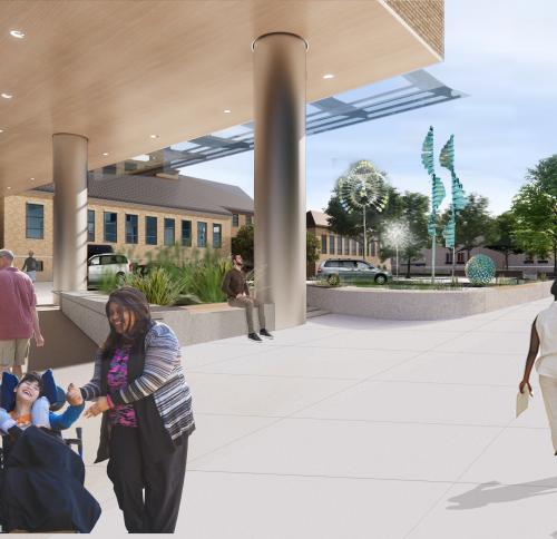 Rendering of the front entryway of a children's hospital campus. Wide walkways, greenery, and site sculptures dot the campus and a diverse array of patients enter and exit the building.