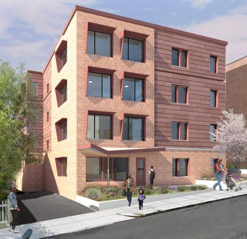 Exterior rendering of a 4 story building with a red and tan brick facade featuring sunshades.