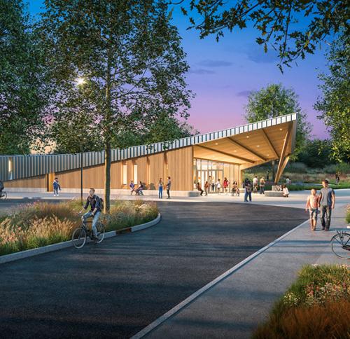 Rendering of the front exterior side of the Danehy Park Gateway Pavilion