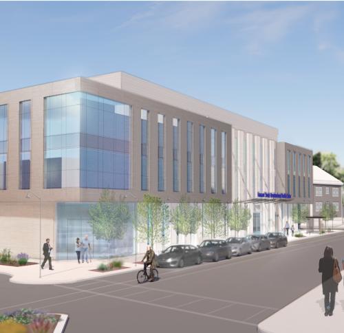 Rendering of the healthcare facility situated in a mixed-use neighborhood.