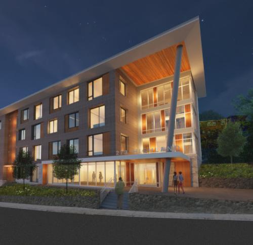 Exterior rendering of E+ Highland at night from street showing front entry.